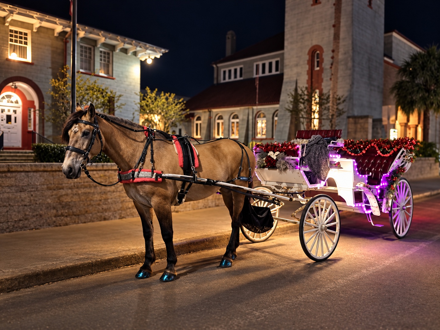 A horse and decorated white carriage parked on a downtown street at night.